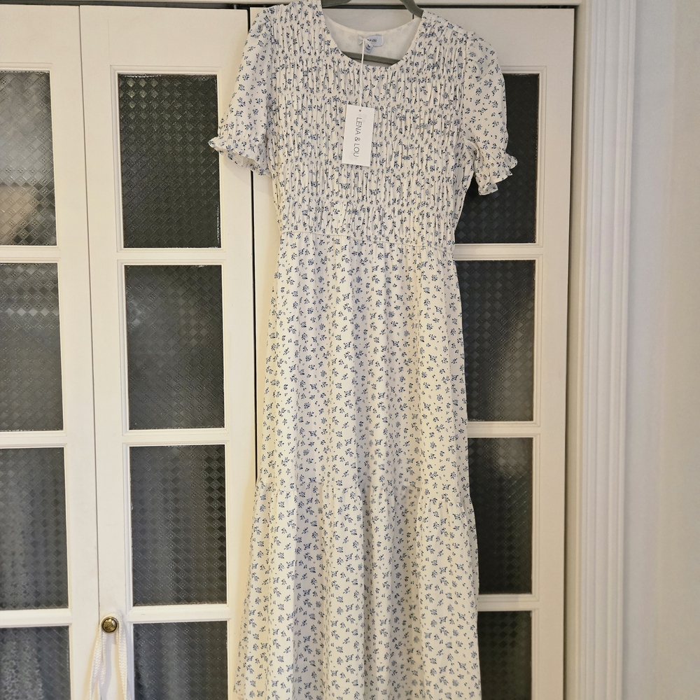 White Maxi Dress with Blue Floral Print 🌻🤍